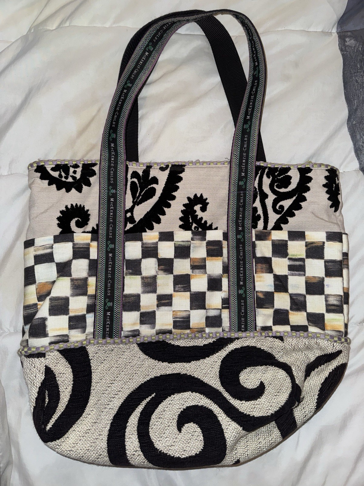 VTG MacKenzie-Childs Women's Large Tote Bag Checkered Swirl Button Black Cream image 2