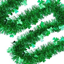 33ft St. Patrick's Day Tinsel Garlands with Green Shamrock Pattern -Thick, De...