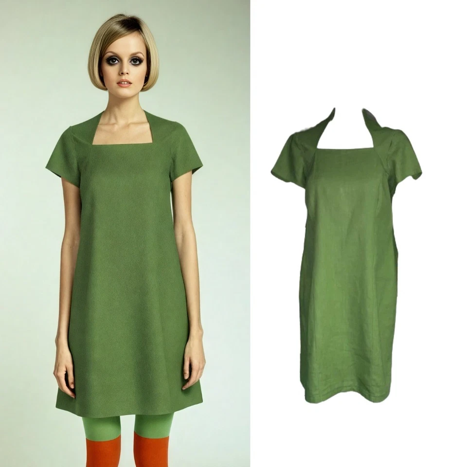 VINTAGE 60s 70s Linen Shift Dress UK 12 14 Apple Green Bespoke Retro Mod 1960s - Image 2 of 4