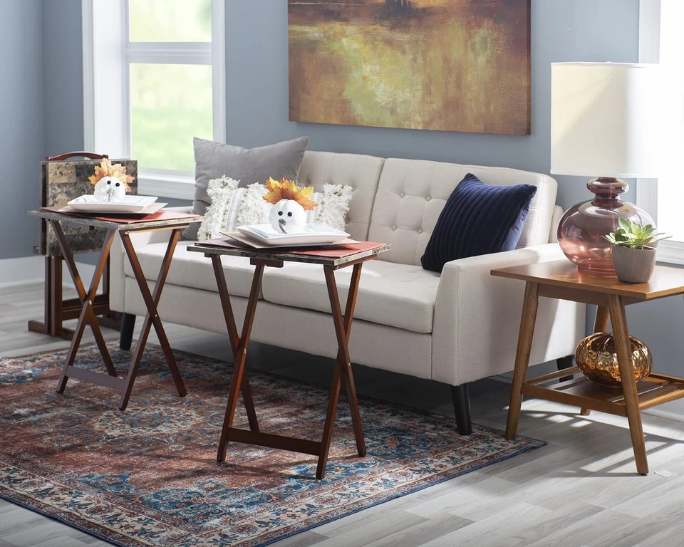 Linon Home Decor Tray Table Set, Faux Marble, Brown - Image 2 of 4