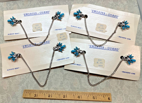 Lot of 4 Vtg Sweater Guard Clips Faux Turquoise Silver Tone Chain New on Card