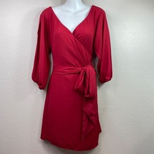 Soncy Womens Red Wrap Dress Tie Waist Balloon Sleeves Elastic Cuffs Size 1