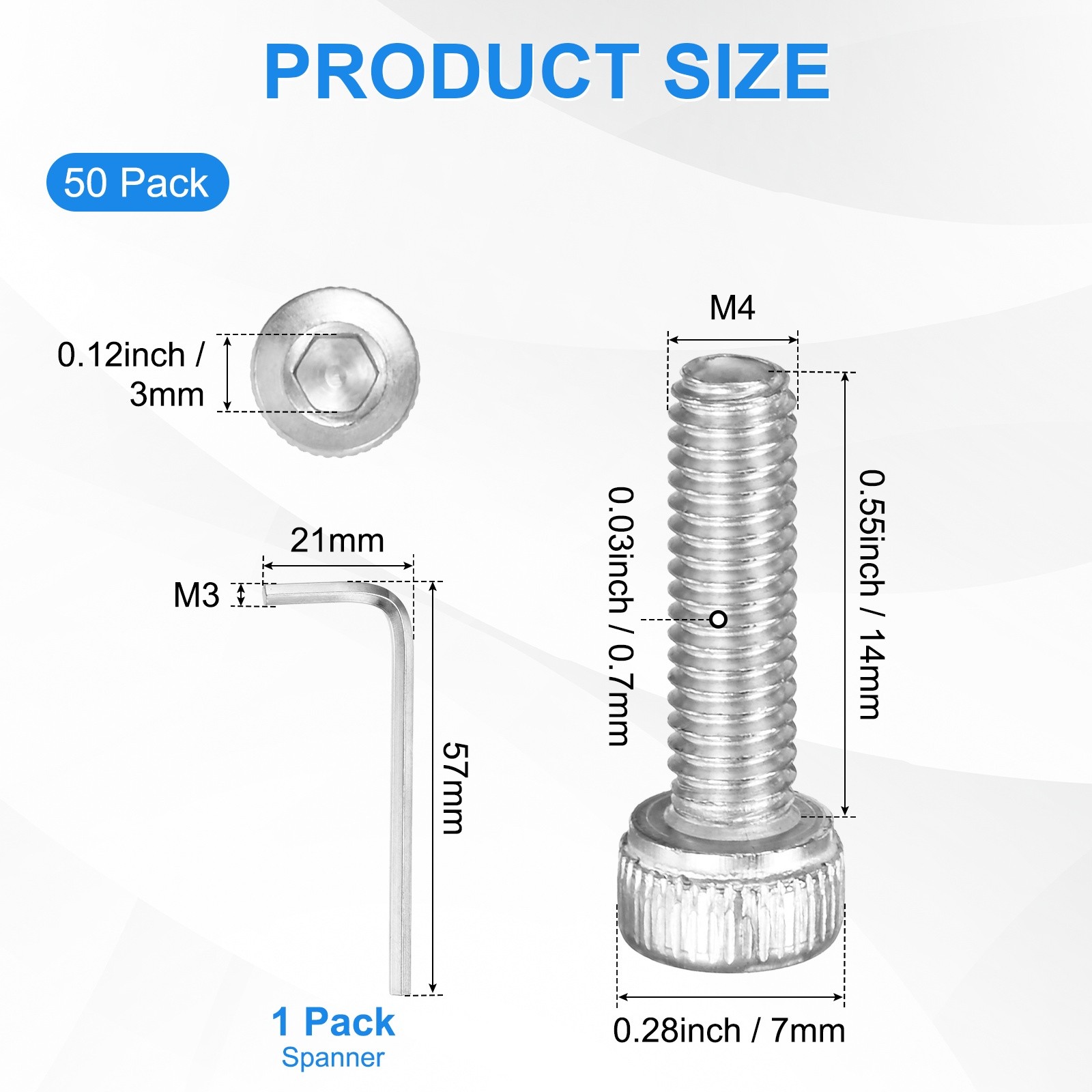 50-Pack M4 x 14mm Hex Socket Head Cap Screws Bolts with Hex Wrench for Repair