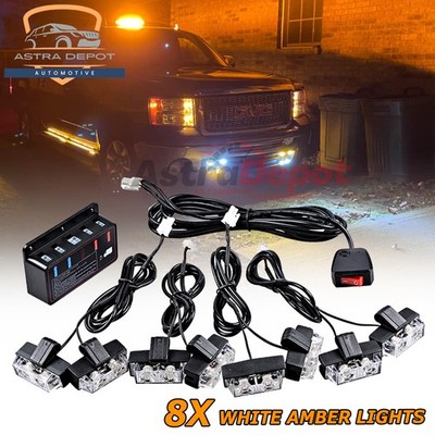 8X Amber/White 2-LED Emergency Strobe Lights Grill Mount Kit Car Tow Truck 12V