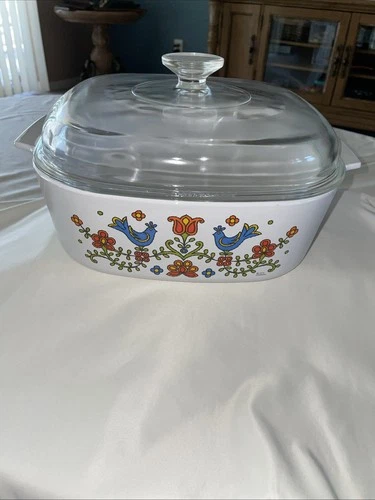 VTG 1975 Corning  Country Festival Blue Bird 4 Qt Casserole & Pyrex Lid A12C