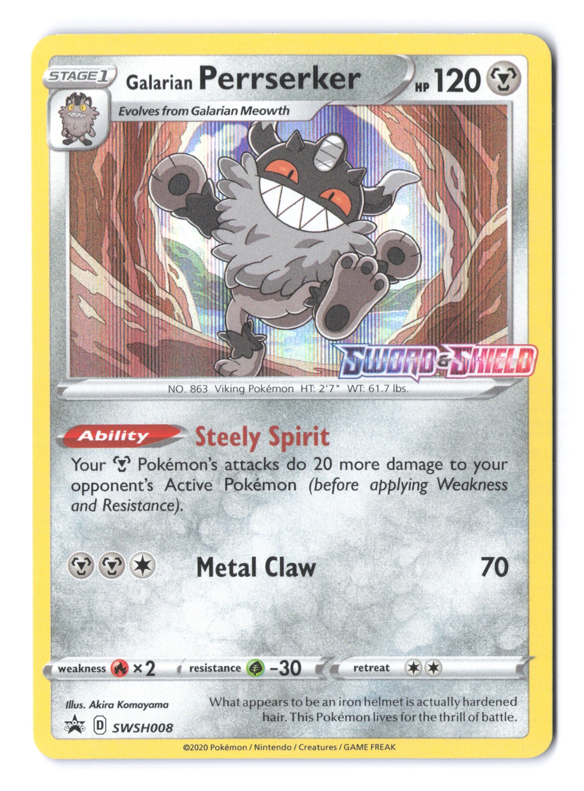 Pokemon Galarian Perrserker (Prerelease) Sword & Shield Promo Card SWSH008 Holo