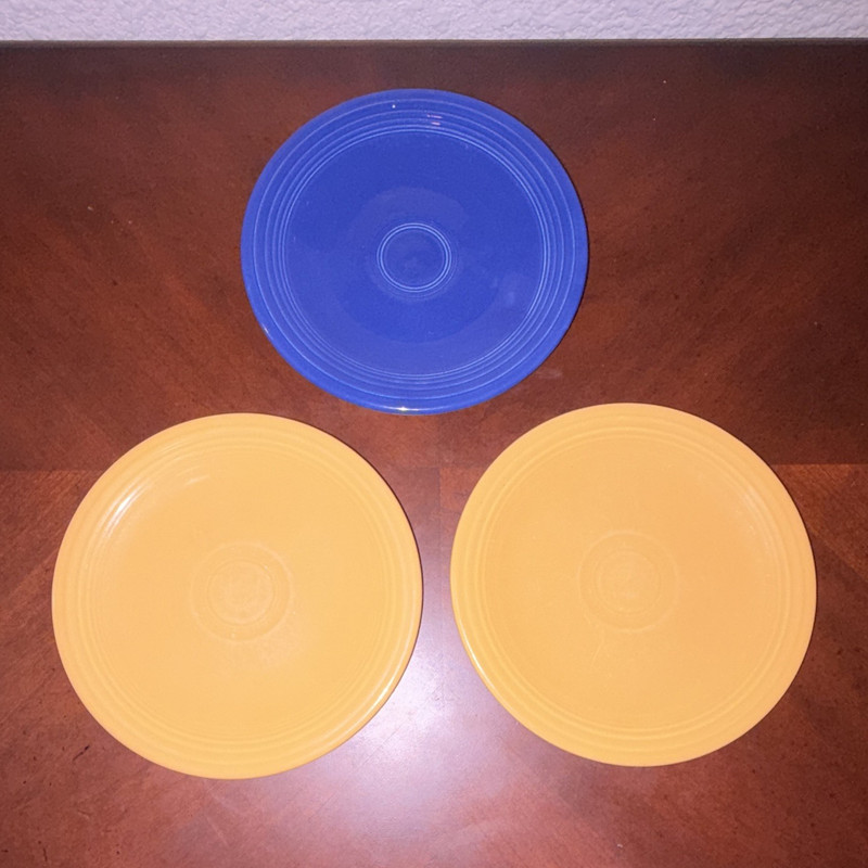 Fiesta 6 inch plates, two yellows and one blue. Super cool for any collection.