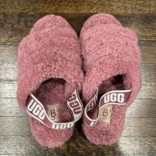 UGG Women  s Pink Faux Fur Slide Slippers Open Toe Logo Strap US 7