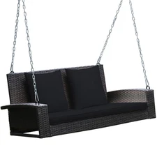 Costway 2-Person Patio Rattan Hanging Porch Swing Bench Chair Cushion Black