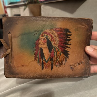 Antique Leather Bound Photo Album Native American Big Chief Snapshots