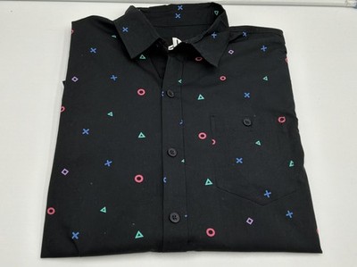 PlayStation Button Up Shirt Mens 2XL Black PS Symbols Short Sleeve Gaming Sony