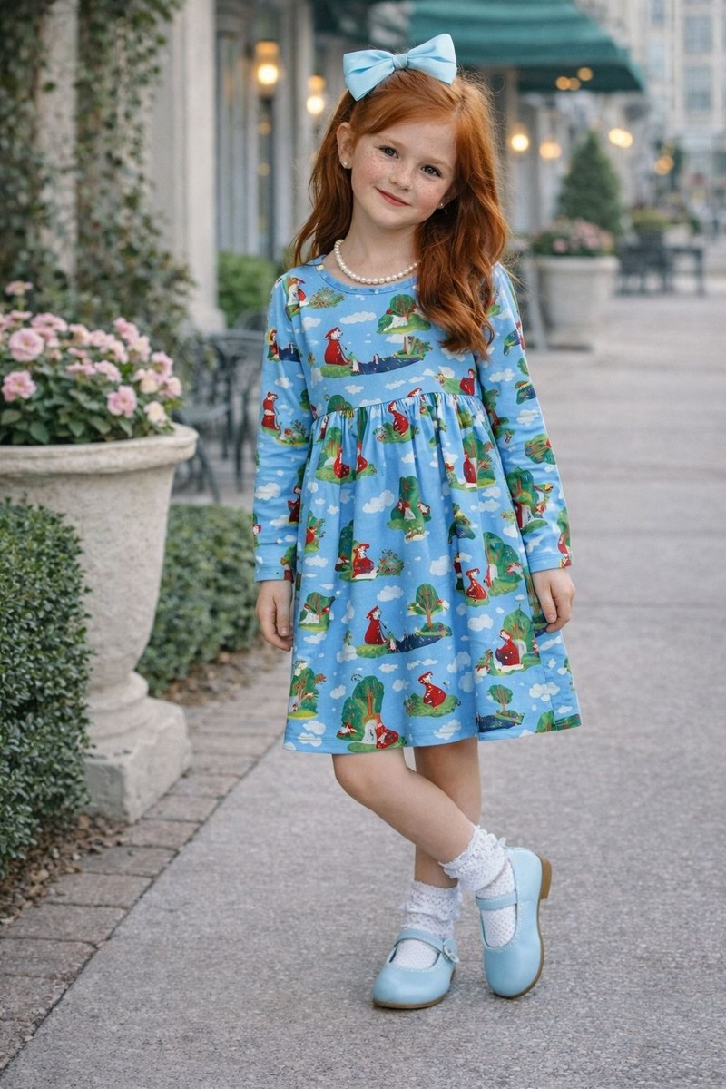 Mini Boden Girls Little Red Riding Hood Dress Blue Long Sleeve