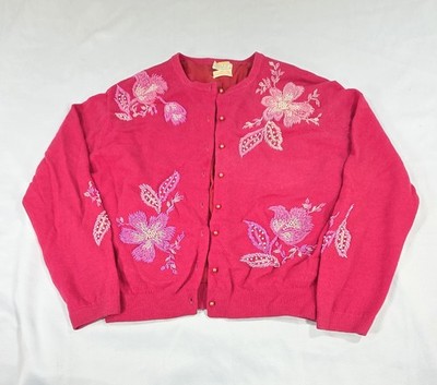 Vtg 50s Cavanagh s Pink Beaded Wool Angora Cardigan Sweater Sz 44 St. Thomas VI