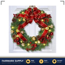 Christmas Wreath 16 Inch with Red Bow and Christmas Balls for Front Door