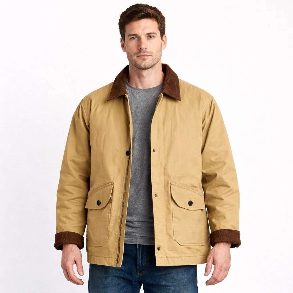 Tan Canvas Barn Jacket Chore Coat Brown Corduroy Collar Large H&M Divided