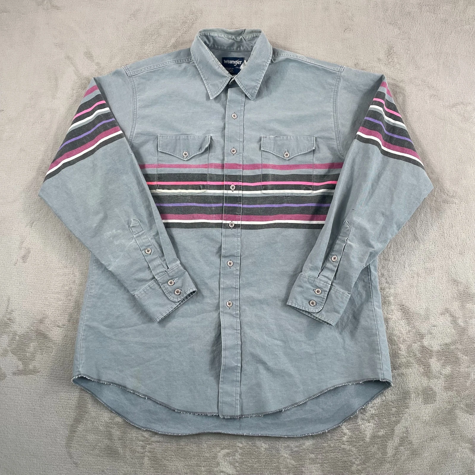 Vintage Wrangler Brushpopper Shirt XL 17.5 35 Grey Multi Striped Western Cowboy