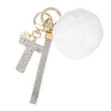 Initial Letter t Keychain with Pom and Rhinestone Wristlet, White