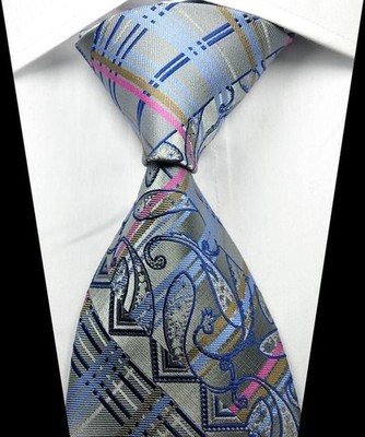 New Classic Paisley Silver Blue Pink Khaki Jacquard Woven Silk Men's Tie Necktie