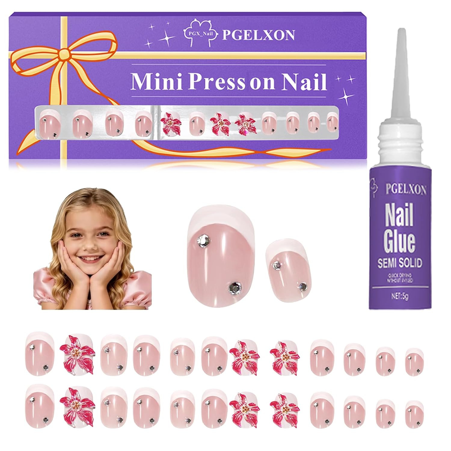 On Nails For Kids, 24pcs Kids Press On Nails 6-12, 3d Flower