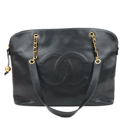 CHANEL Coco Mark Caviarskin Chain Tote Bag Black Gold HDW Authentic