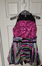 Sz XLC Girls Revolution Dance Costume Pink Sequin Multicolor Dress Strappy Back