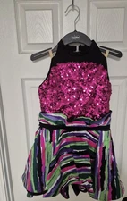 Sz XLC Girls Revolution Dance Costume Pink Sequin Multicolor Dress Strappy Back