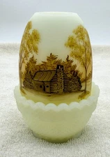 Fenton Log Cabin Uranium Custard Glass Fairy Lamp Hand Painted