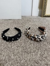 Set Of Two Women s Pearl Beaded Black And Leopard Print Knot Headbands