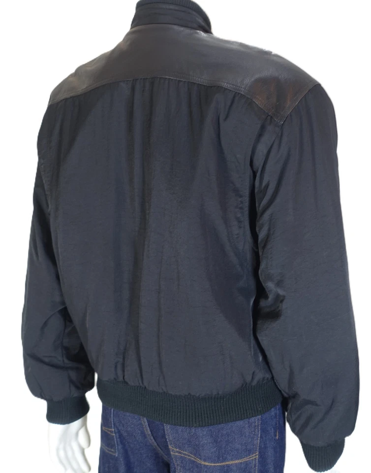 LIZ WEAR~MINT!!~VINTAGE BLACK LEATHER & NYLON MENS M 1990'S BOMBER JACKET - Image 2 of 4