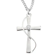 Sterling Silver Single Set Crystal Zircon Cross Medal Pendant Necklace 18" Chain