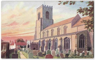 Wells-Next-The-Sea Kirche - Vintage Künstler signiert C T Howard Postkarte X26