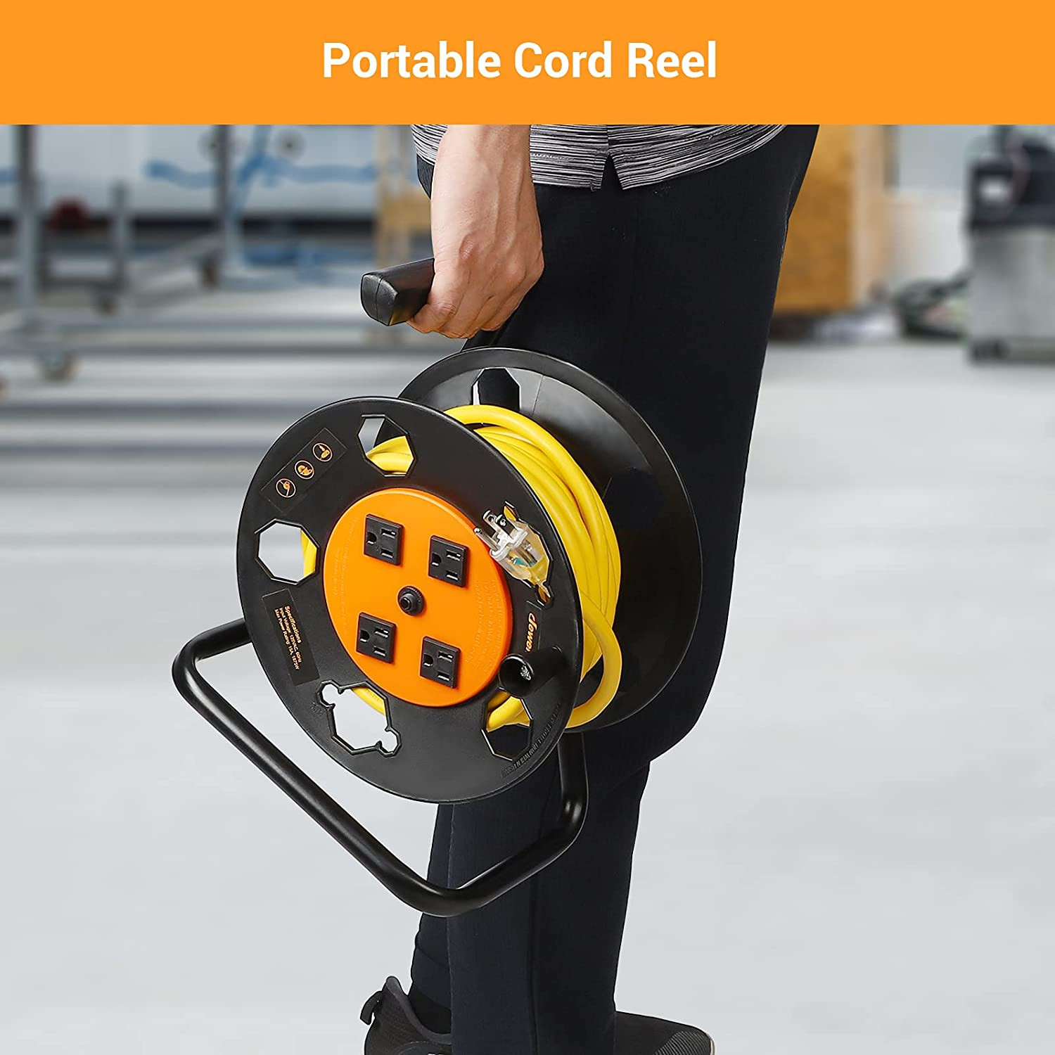 Extension Cord Storage Reel, Heavy Duty Open Cord Reel with 4-Grounded Outlets,