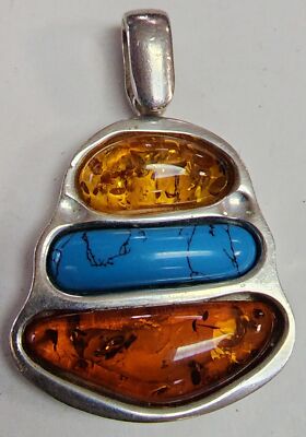 Vtg 925 Sterling Silver Faceted Baltic Amber Turquoise 3-Stone Bezel Set Pendant