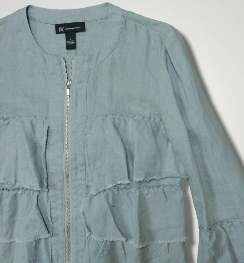 INC International Concepts Tiered Ruffle Full Zip Gray Linen Jacket Size Small - Image 4 of 4