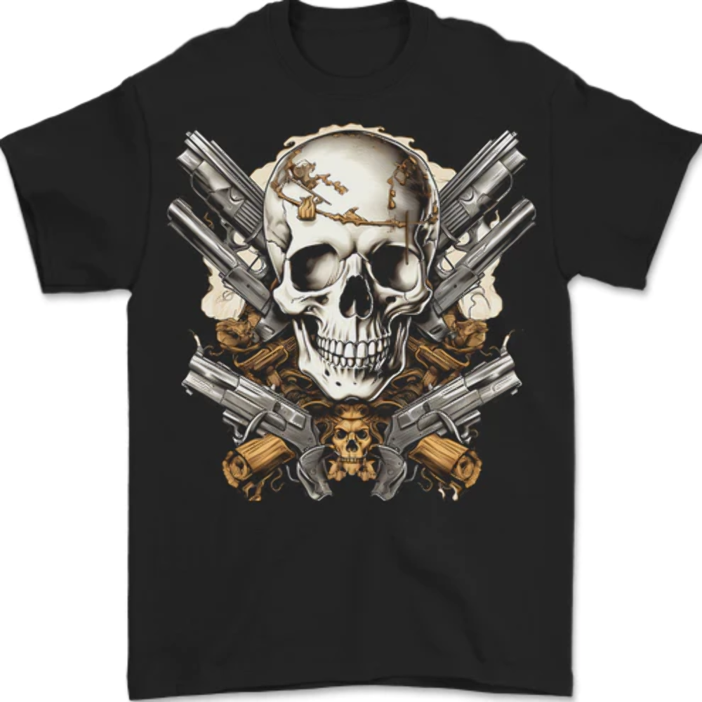 A Skull With Guns Cowboy Biker Mens T-Shirt 100% Cotton
