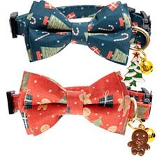2 Pack Cotton Christmas Cats Collar with Bow Tie Red Green Cat B-Red Green