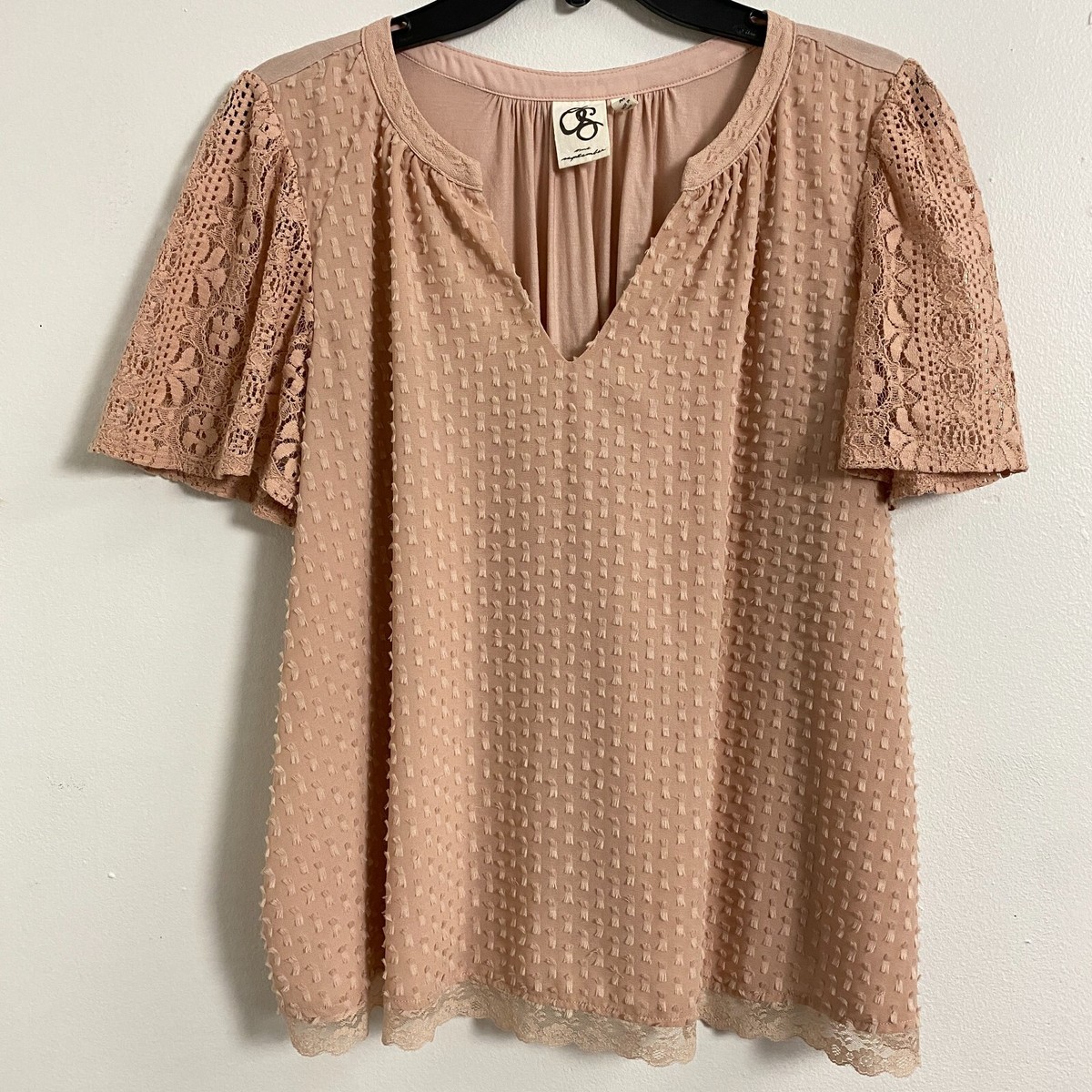 Antropologie One September Women Medium Lace Top Beige Casual Swiss Dot  Fairy