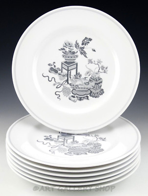 Spode Copeland's England 10-1/2'' BOWPOT GRAY CHINOISERIE DINNER PLATES Set of 7
