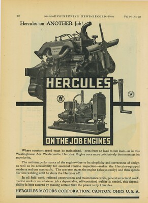 1926 Hercules Motor of Canton OH Ad: Pictured Mounted to Westinghouse Arc Welder
