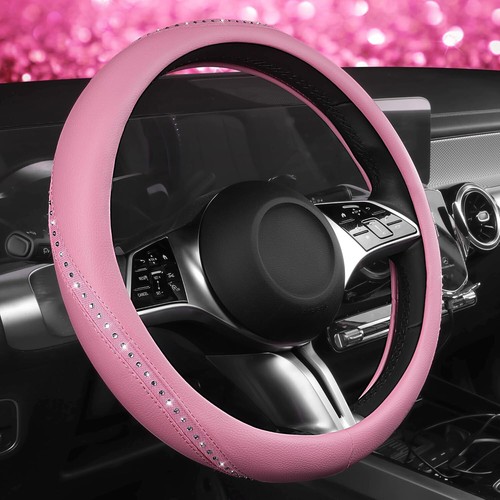 Pink Diamond Leather Steering Wheel Cover with Rhinestones for Cars & Trucks