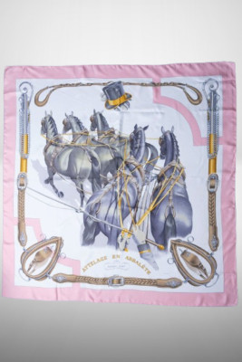 HERMES Carre 90 ATTELAGE EN ARBALETE Silk Scarf Pink Multicolor