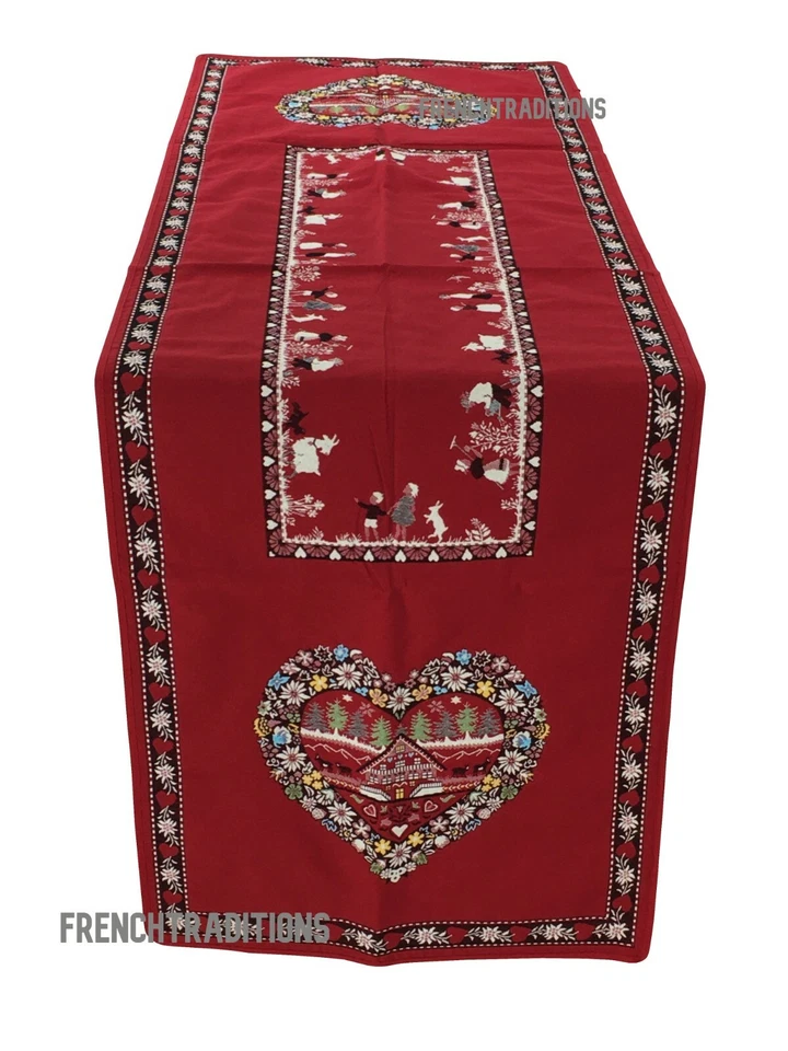 TISSUS TOSELLI French Jacquard Woven Table Runner Edelweiss Alps Holiday Red Made In France