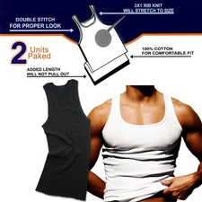 2 Pack New Men's A-Shirts Cotton Ribbed Tank Top Wife Beater Muscle Undershirts