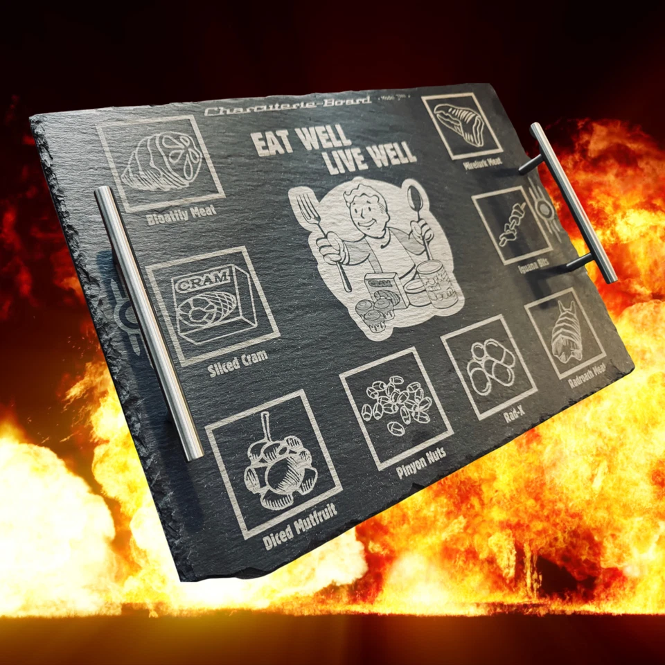 Tabla de charcutería y queso Fallout Pip-Boy con asas - Pizarra - 12" x 16" Foto 2 de 4