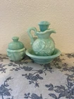 Vintage Avon Jadeite Swirl Milk Glass Pitcher w Stopper, Bowl, Full Powder Jar