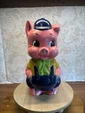 Vtg PIGGY BANK Ceramic 10” Porky Pig Three Little Pigs Overalls Hand Painted