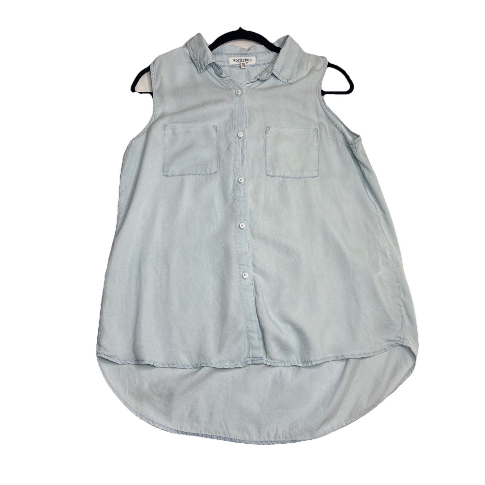 Tank Top Womens Medium Button Down Sleeveless Blue Chambray Shirt Tail Hemline-image