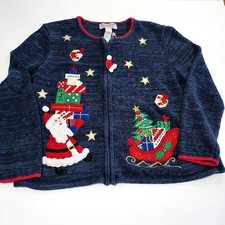 Tiara International Large Blue Santa Sleigh cardigan sweater Full Zip