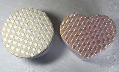 Vintage Satin Ribbon Woven Trinket Box Lot Pink Heart White Round Pair Decor