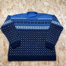 Vintage Hand Knit Christmas Patterned Jumper Grandad Sweater Blue L